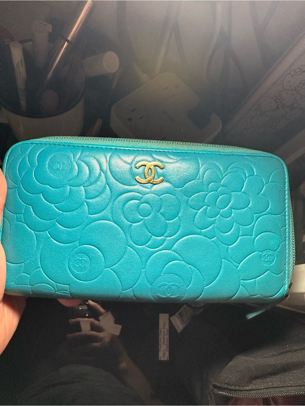 Chanel Quilted Camellia Zip Wallet in Turquoise